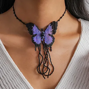 Bohemian Hand-Beaded Butterfly Pendant Necklace For Women Heavy-Duty Niche Design Black Purple Seed Bead Clavicle Chain Jewelry