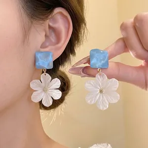 Vintage Clear Blue Acrylic Flower Drop Earrings With 925 Sterling Silver Earring Post For Women Elegant Daily Floral Stud Earrings
