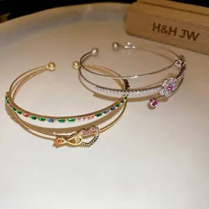 Bracelet jonc élégant double couche plaqué or 14K avec zircons arc-en-ciel colorés