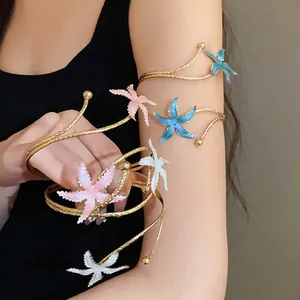 Brassard Vintage en Fer Plaqué Or Étoile de Mer Bracelet Ouvert en Spirale Avec Étoile de Mer en Émail Coloré pour Femme