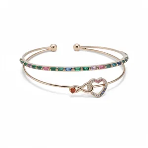 Bracelet jonc ouvert double couche plaqué or 14K avec cœur multicolore et zircons