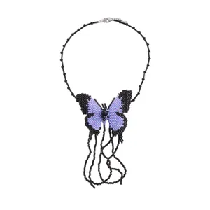 Exquisite handmade purple and black seed beaded butterfly necklace with elegant long tassels