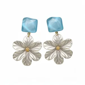 Elegant translucent blue acrylic and silver floral drop earrings with S925 silver needles