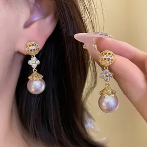 18K Gold Plated Zirconia Artificial Pearl Flower Stud Earrings Silver Post French Vintage Floral Drop Earrings for Women