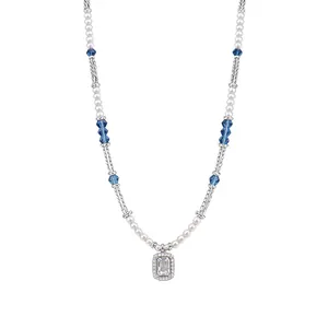 Elegant pearl and blue crystal beaded necklace with rectangular zircon pendant for women.