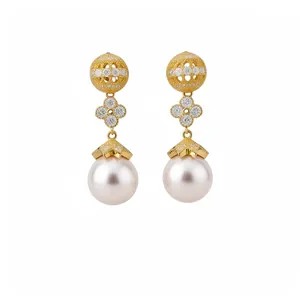 Elegant 18k gold plated filigree sphere flower pearl drop earrings with zircon.