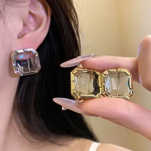 Geometric Square Glass Stud Earrings For Women Copper Gold Silver Plated Luxury Fashion Minimalist Ear Jewelry Gift