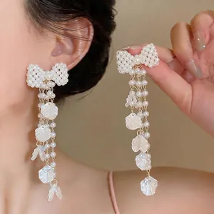 Elegante Schleife Künstliche Perle Quaste Hängeohrringe Mit Silber Ohrringpfosten Blumen Blütenblatt Strass Ohrringe Für Damen Schmuck