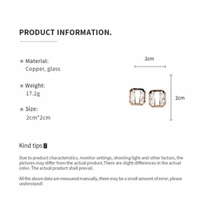 Detailed product specifications for crystal square earrings including size and weight