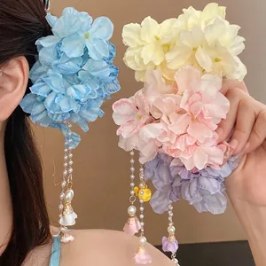 Bohemian Fabric Flower Hair Clip Long Tassel Artificial Pearl Duckbill Clip For Women Vacation Sweet Hair Accessories