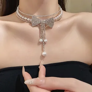 Elegant Multi-Layer Artificial Pearl Rhinestone Choker Necklace Luxury Bowknot Tassel Pendant Copper Collar Necklace For Banquet Evening Dress Jewelry