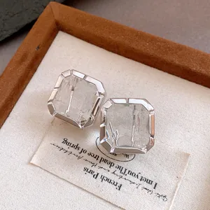 Detailed view of elegant square crystal earrings featuring a silver metal frame design