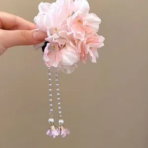Sweet Bohemian pink fabric flower hair clip with elegant pearl tassels for women