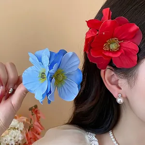 Pince à Cheveux Fleur en Tissu Élégante Pince à Bec de Canard Florale Doux Style Vacances Accessoires de Coiffure pour Femmes Filles