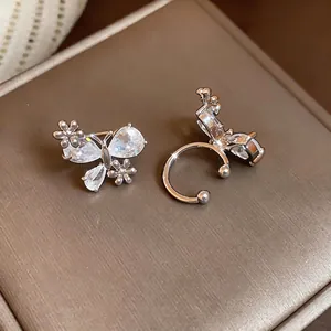 Elegant zircon butterfly and flower ear cuff earring set with silver-tone finish for women