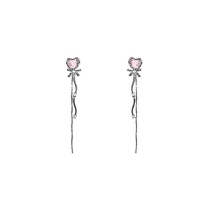 Elegant silver tassel earrings featuring pink heart zircon and sparkling bowknot