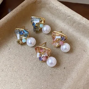 French Luxury 18K Gold Plated Alloy Artificial Pearl Stud Earrings With 925 Sterling Silver Post Rhinestone Geometry Jewelry