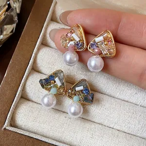 Elegant 18k gold plated geometric stud earrings with colorful crystals and white pearls
