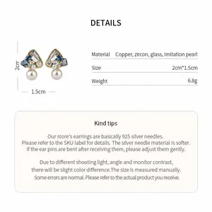Detailed product specifications of geometric pearl earrings with zircon and silver needles.