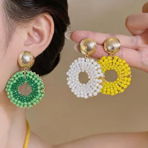 Round Glass Bead Hoop Earrings with 925 Sterling Silver Earring Post Geometric Circular Handmade Jewelry for Women