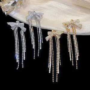 18k gold plated bow earrings with long zircon tassels and silver needle