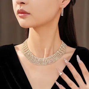 Luxury Rhinestone Tassel Necklace And Earrings Jewelry Set Vintage Palace Style Copper Choker For Women Banquet Party Accessory