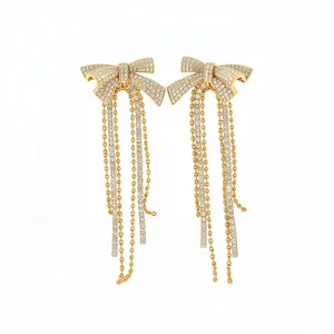 Elegant 18k gold plated bowknot tassel earrings with pavé zircon details for women