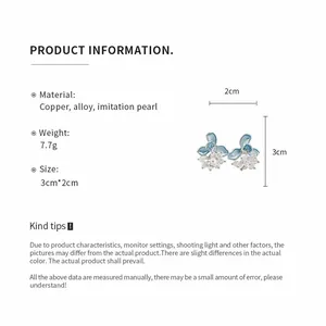 Product specification detail for floral pearl stud earrings with size and material info