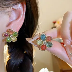 Korean Style Vintage Multi-color Zircon Flower Stud Earrings With Steel Earring Post Copper Gold Plated Elegant Jewelry For Women