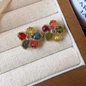 Elegant vintage floral stud earrings featuring vibrant colorful zircon gemstones