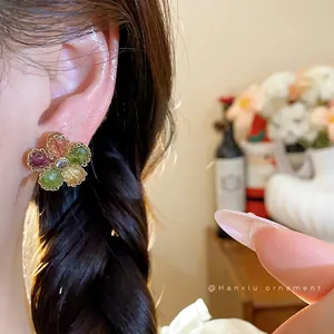 Elegant retro flower stud earrings with multi-colored zircon stones on gold-plated frame