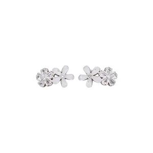 Elegant silver flower stud earrings with white resin and sparkling zircon petals