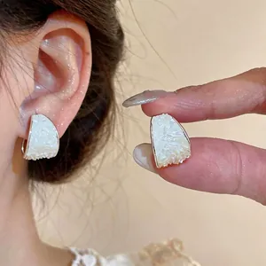 Korean Style Minimalist Copper C Shaped Stud Earrings With Mother Of Pearl Inlay And 925 Sterling Silver Post For Women