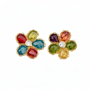 Vintage flower stud earrings with colorful zircon stones in a gold-plated setting
