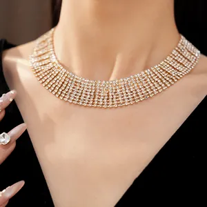 Close-up view of a luxurious palace style multi-row rhinestone choker necklace worn on neck