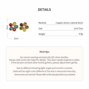 Macro detail of colorful flower zircon earrings with 925 silver needle specifications