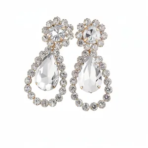 Elegant silver needle water drop dangle earrings with clear crystals and floral motifs