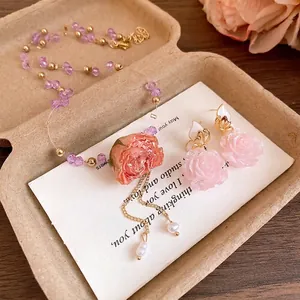 Romantic eternal flower beaded necklace and earrings set with delicate rose pendant