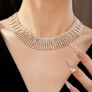Close-up of a sparkling multi-layer rhinestone choker necklace in vintage palace style