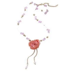 Bohemian beaded necklace with a peach rose pendant and purple accents