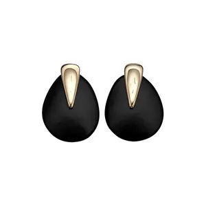 Elegant minimalist black teardrop stud earrings with gold accents on white background