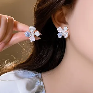 Elegant Frosted Alloy Flower Stud Earrings With Artificial Pearl Pink Blue Gradient Floral Jewelry Ear Piercing For Women
