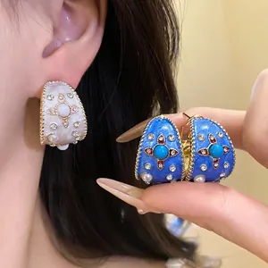 Orecchini a Bottone in Lega a Forma di C Vintage Con Perno in Argento Sterling 925 Strass Perla Artificiale Smalto Gioielli per Donna