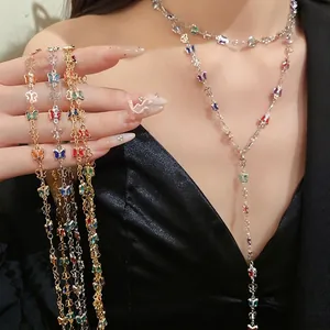 Collar en Y de Mariposa de Aleación y Vidrio Estilo Palacio Vintage Cadena de Clavícula Multicolor Joyería Galvanizada de Lujo para Mujer Diario Banquete