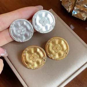 Vintage Matte 18K Gold Plated Round Floral Relief Stud Earrings With 925 Sterling Silver Earring Post For Women Light Luxury Jewelry