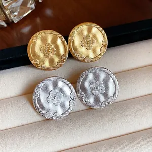 Vintage 18K gold plated matte round stud earrings with an embossed floral pattern