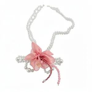 Sweet style jewelry set featuring a chiffon flower pearl necklace and beaded bracelet