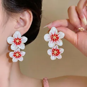 Sweet Drip Oil Flower Dangle Stud Earrings With 925 Sterling Silver Earring Post Light Luxury Niche Design Floral Earrings For Women