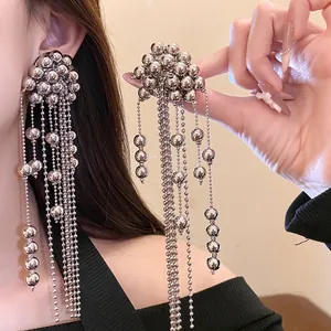 Minimalist Silver Color Round Bead Tassel Drop Earrings For Women Geometric Metal Long Chain Dangle Earrings Fashion Jewelry Accessories