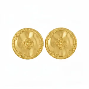Vintage matte 18K gold plated round stud earrings with intricate floral swirl pattern
